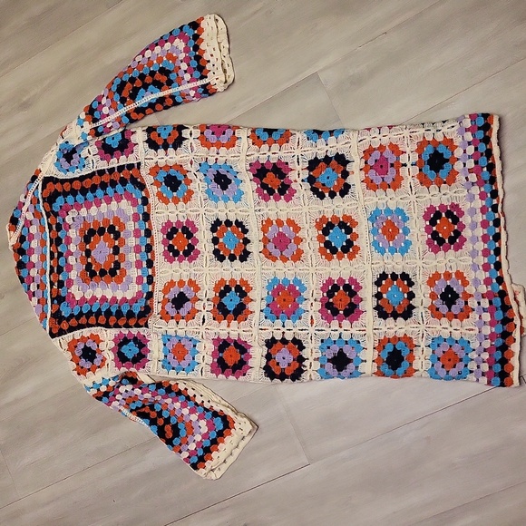 POL One Size Granny Square Duster Crochet Cardigan Knit Boho Colorful Open‎ NWOT - Picture 2 of 8
